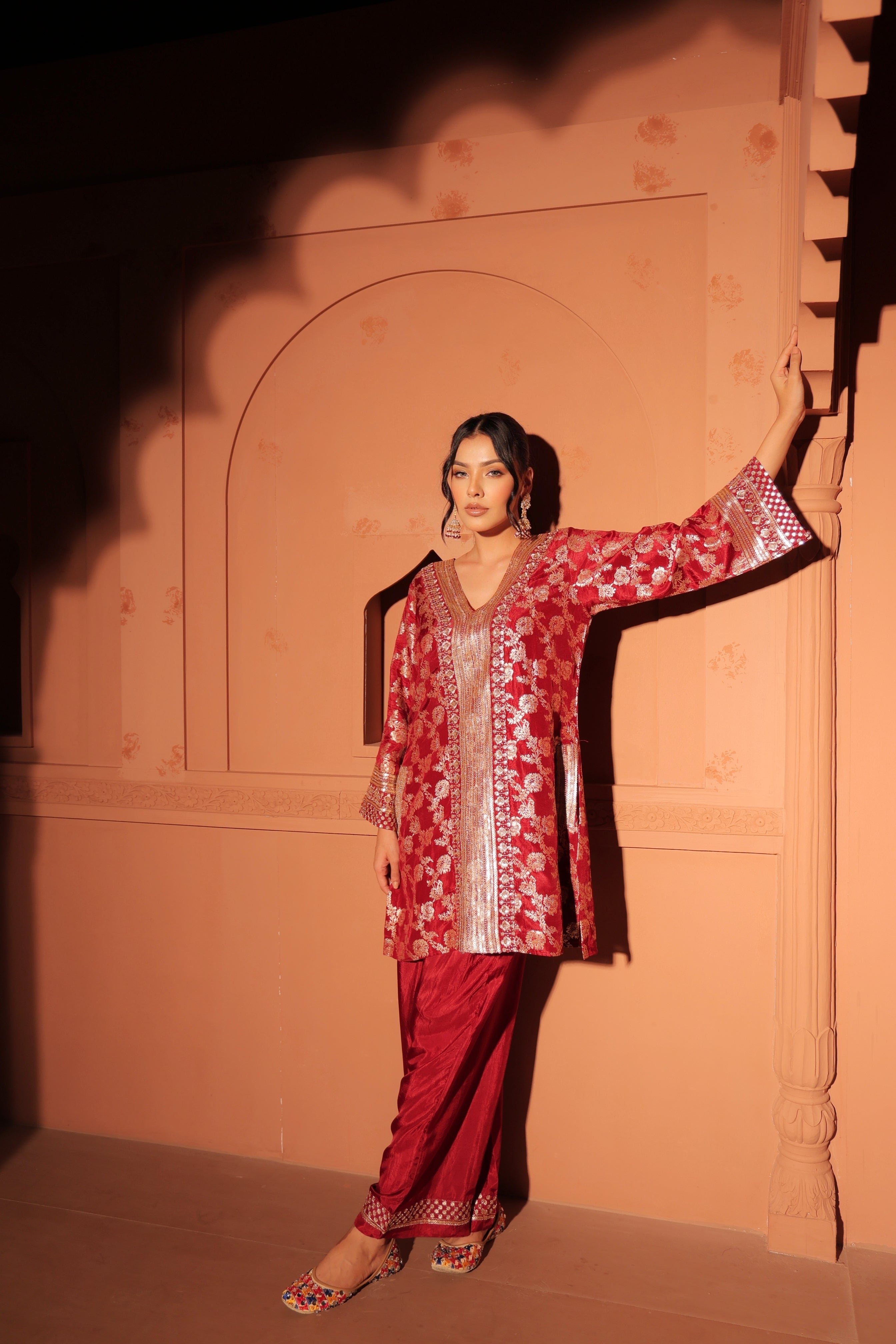 Ruby Red Brocade Embroidered Cord-Suit