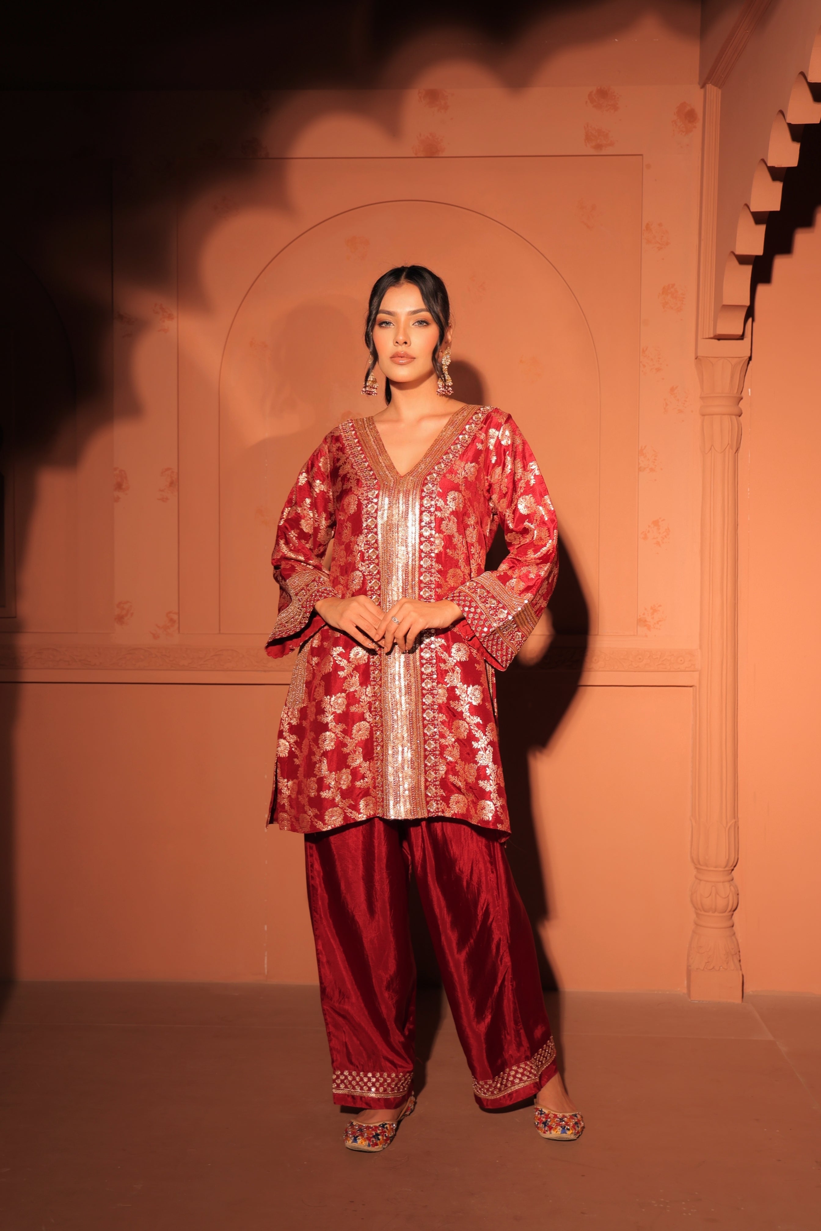 Ruby Red Brocade Embroidered Cord-Suit