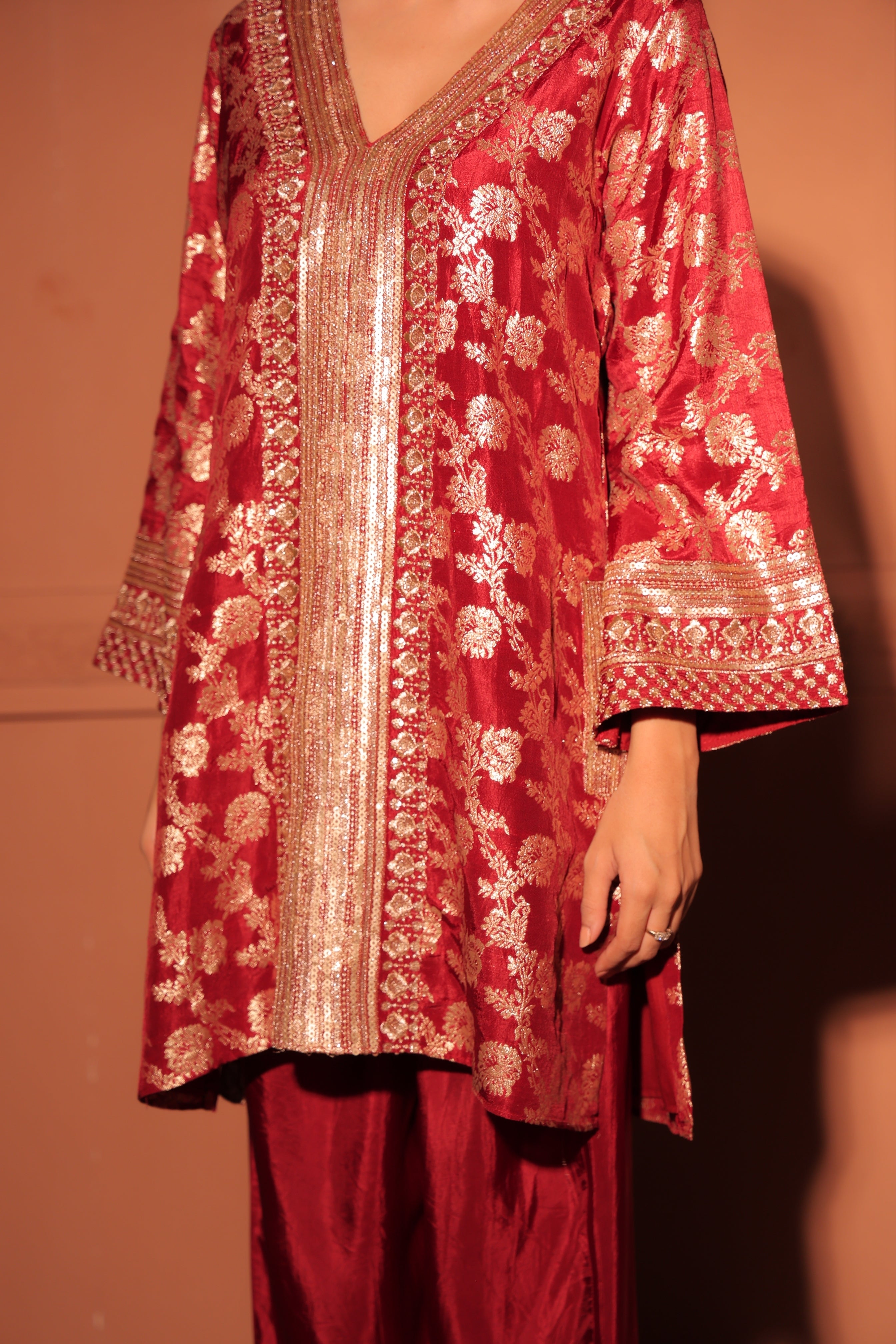 Ruby Red Brocade Embroidered Cord-Suit