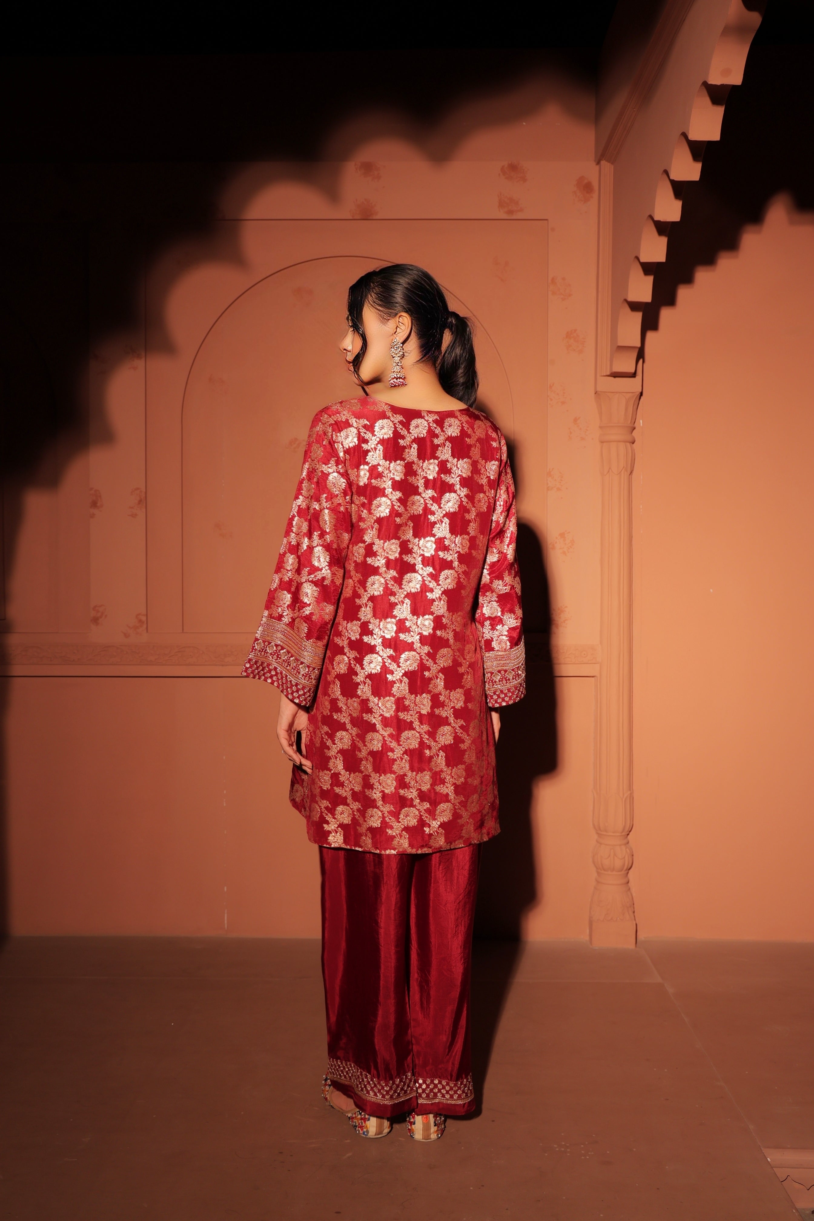 Ruby Red Brocade Embroidered Cord-Suit