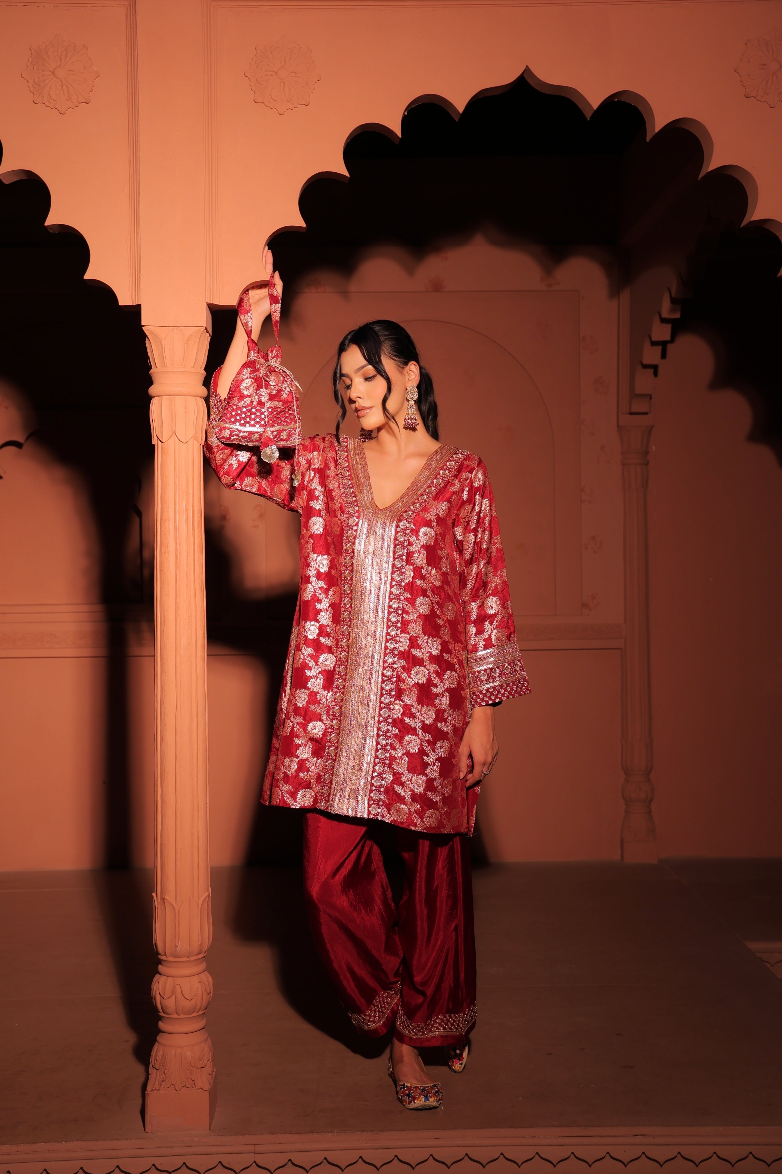 Ruby Red Brocade Embroidered Cord-Suit