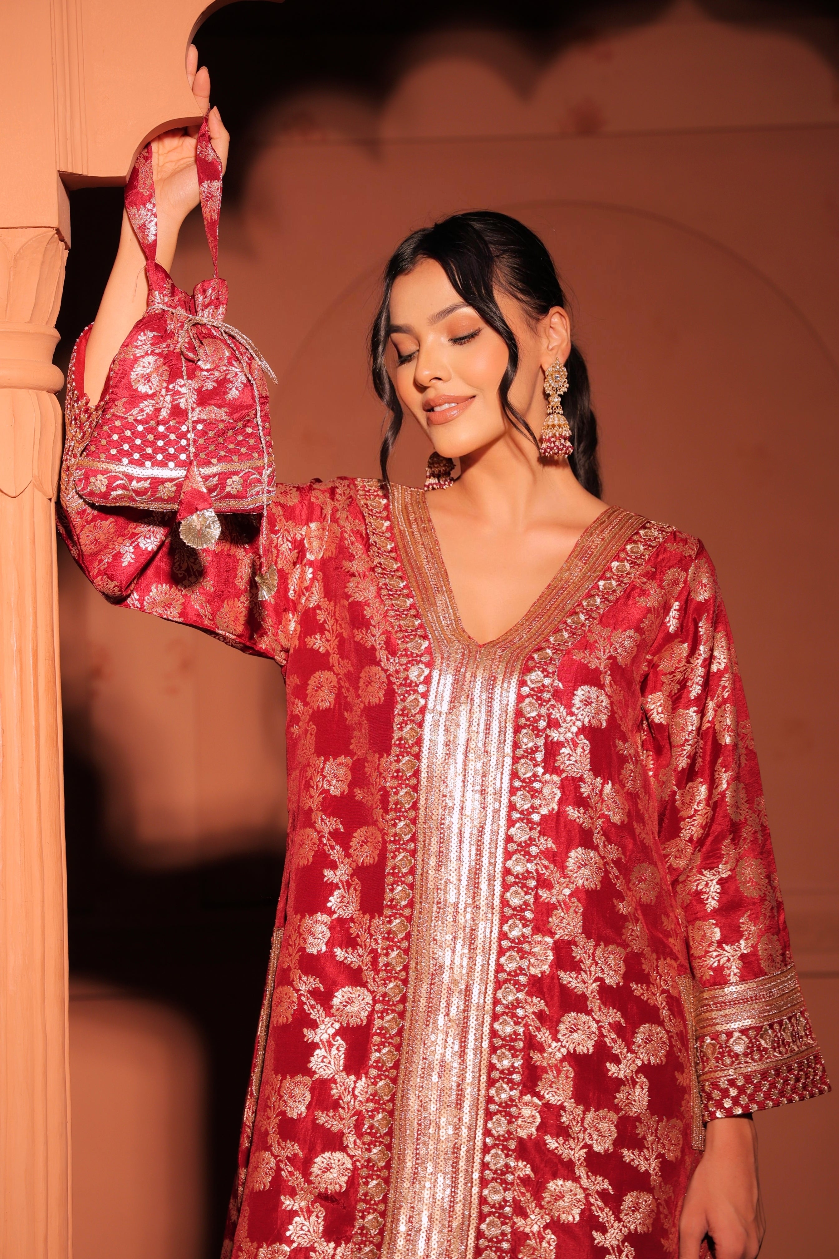 Ruby Red Brocade Embroidered Cord-Suit