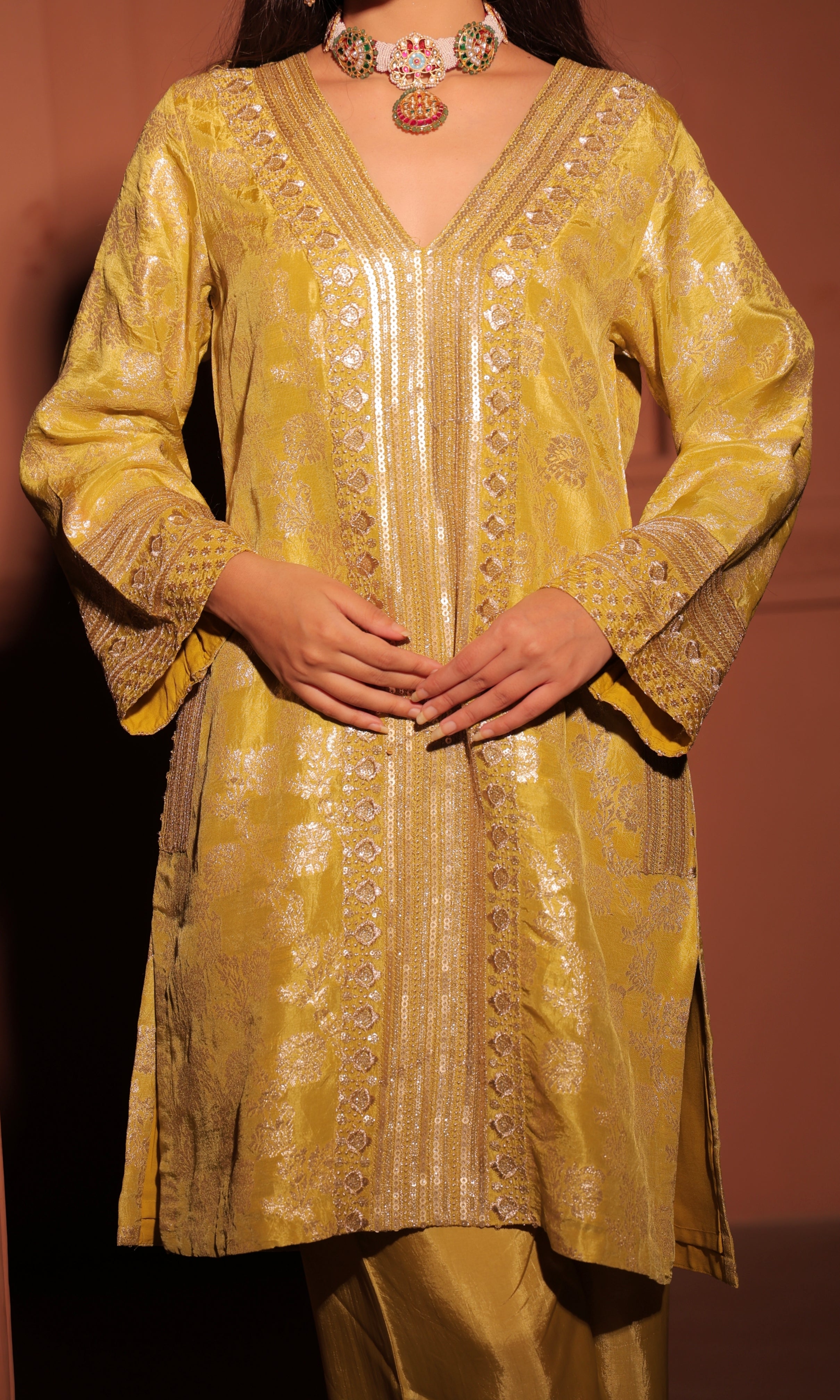 Mustard Yellow Brocade Embroidered Cord Set