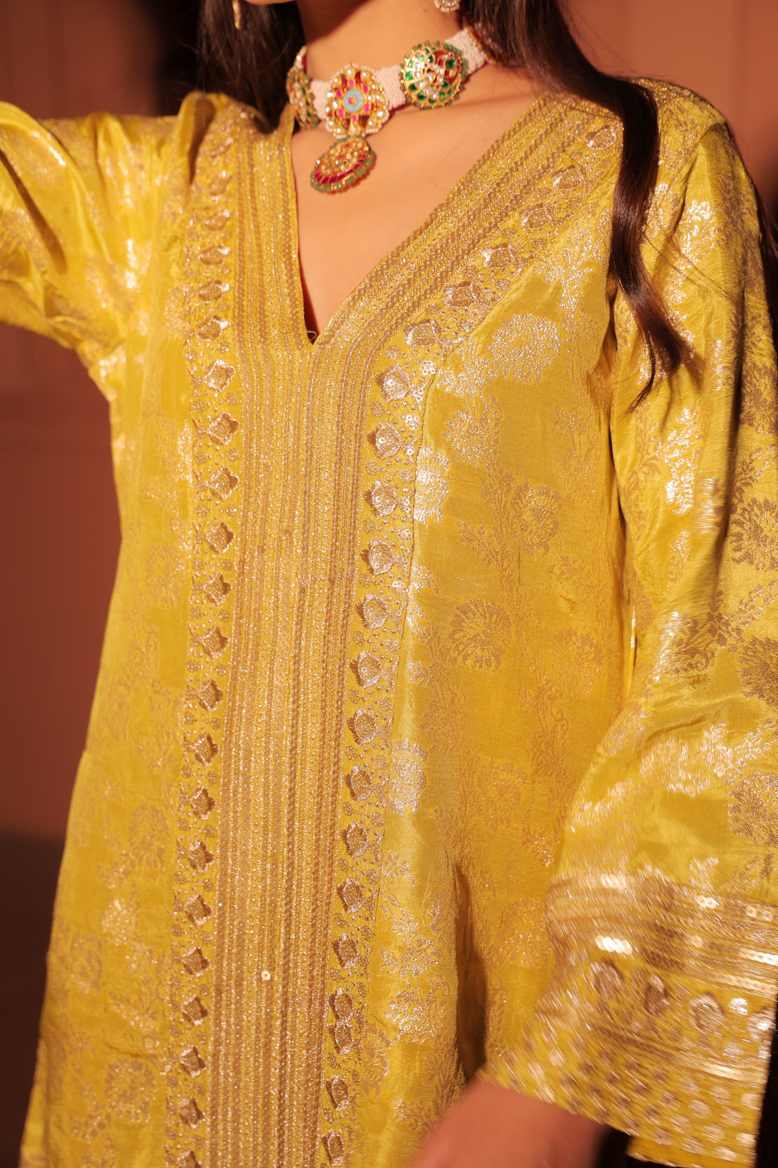 Mustard Yellow Brocade Embroidered Cord Set