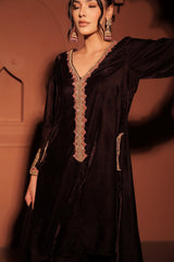 Brown Embroidered Velvet Kurta Set