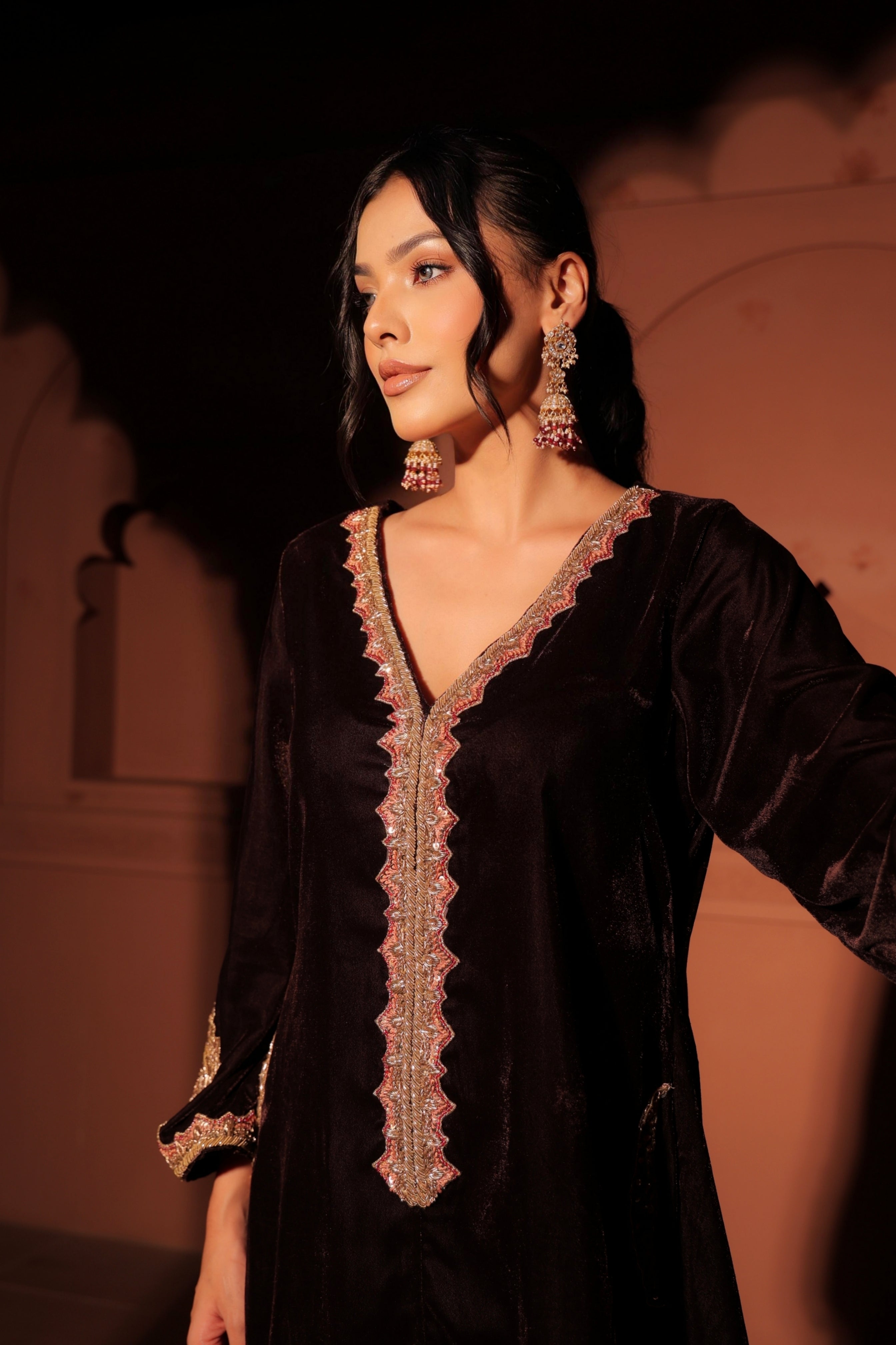 Brown Embroidered Velvet Kurta Set