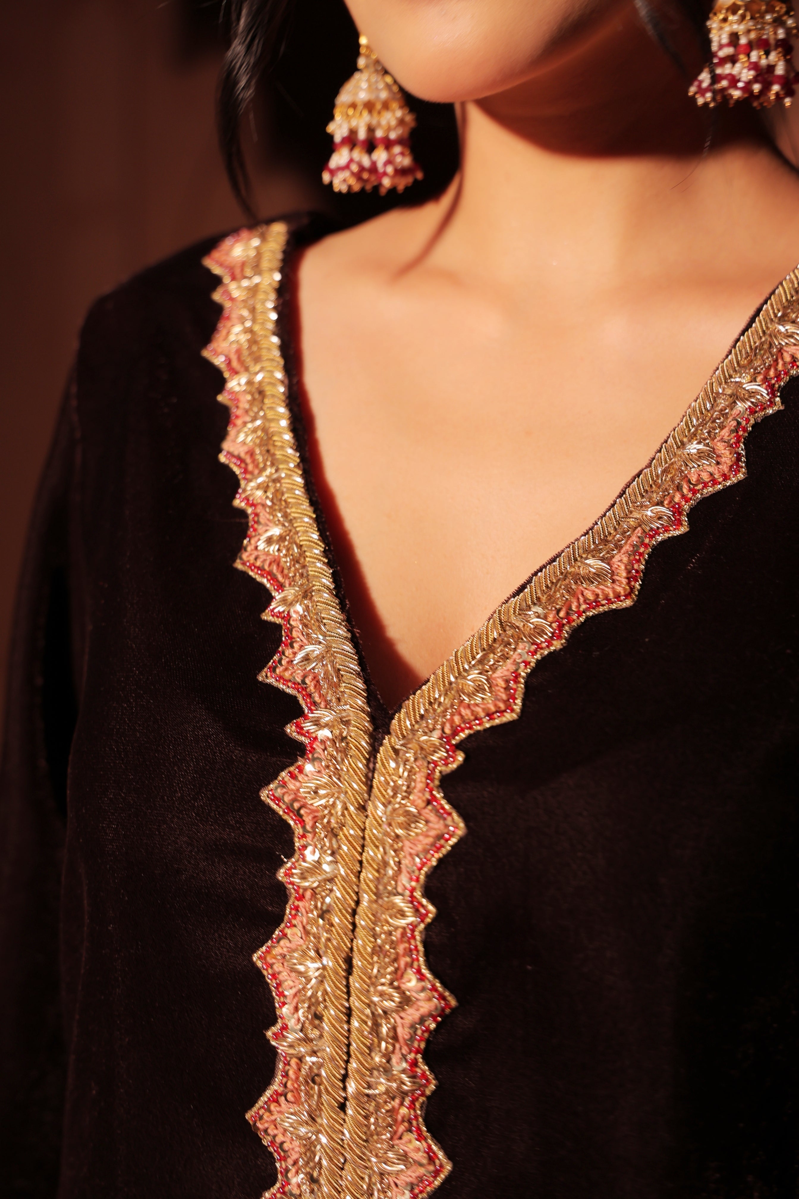 Brown Embroidered Velvet Kurta Set