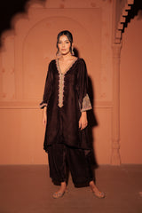 Brown Embroidered Velvet Kurta Set