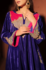 Blue Multicolor Embellished Velvet Kaftan