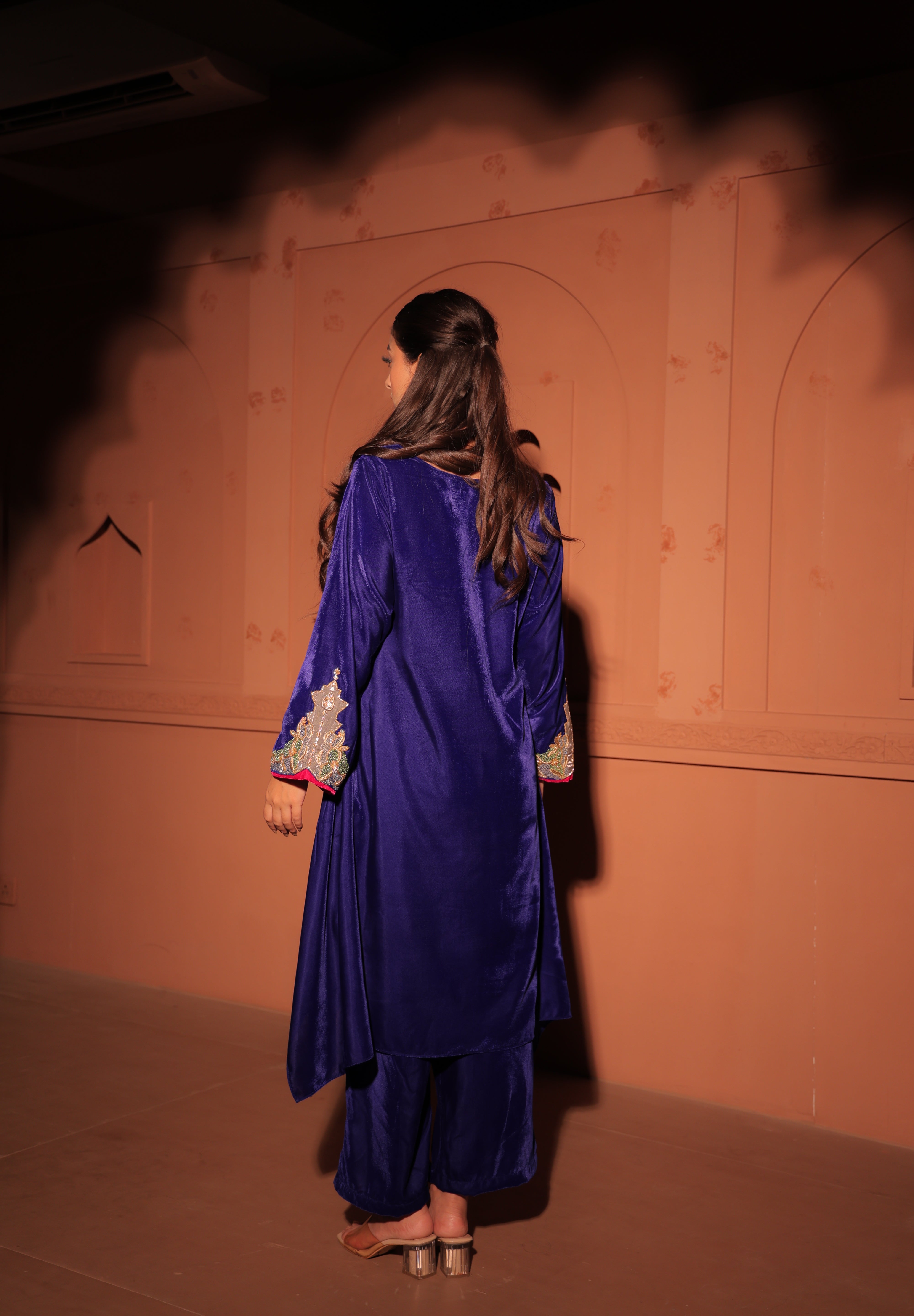 Blue Multicolor Embellished Velvet Kaftan