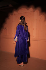 Blue Multicolor Embellished Velvet Kaftan