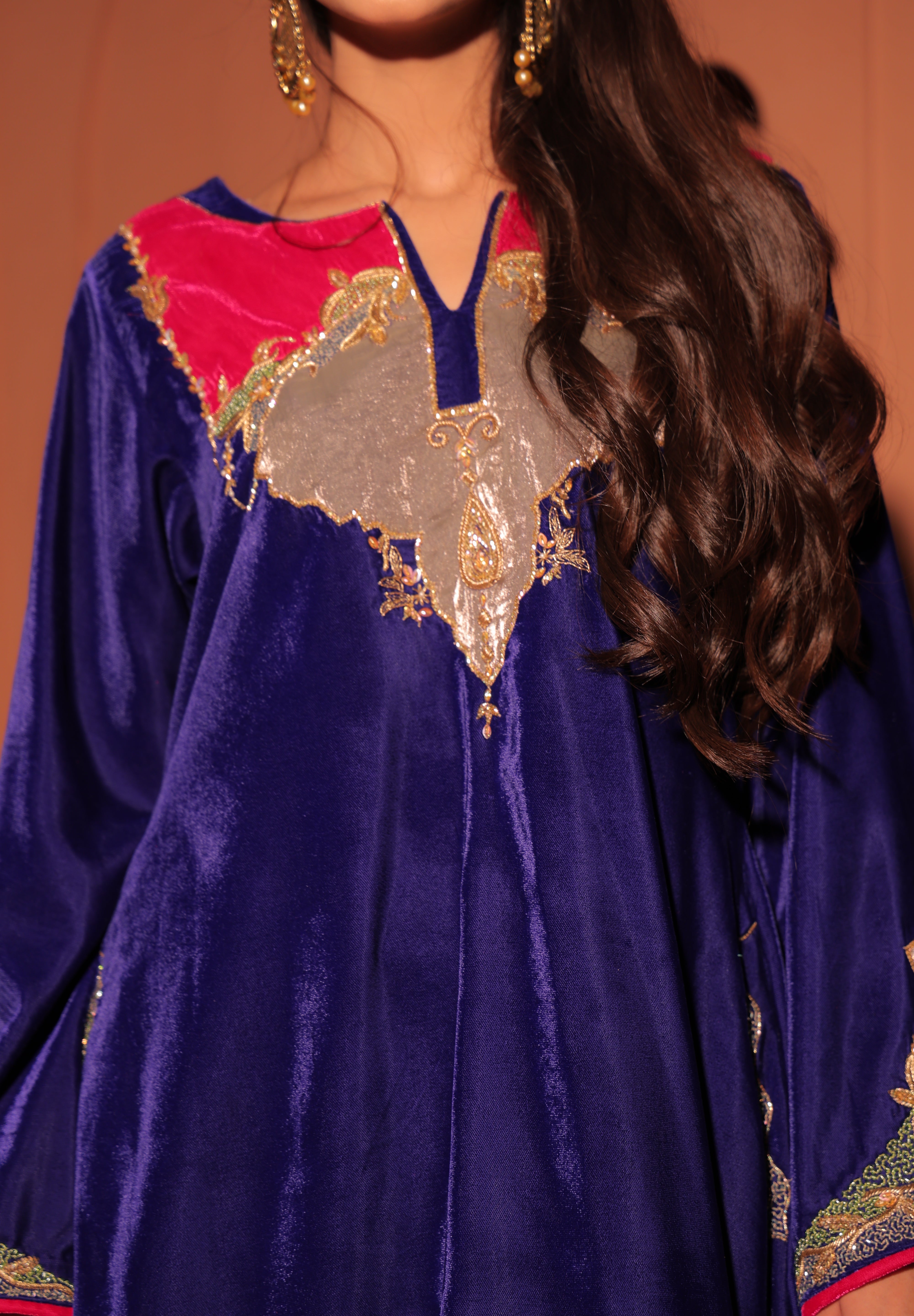 Blue Multicolor Embellished Velvet Kaftan