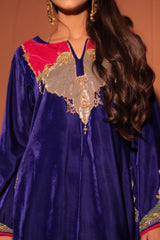 Blue Multicolor Embellished Velvet Kaftan