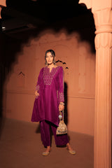 Purple Gold-Toned Embroidered Velvet Kurta Set