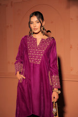 Purple Gold-Toned Embroidered Velvet Kurta Set