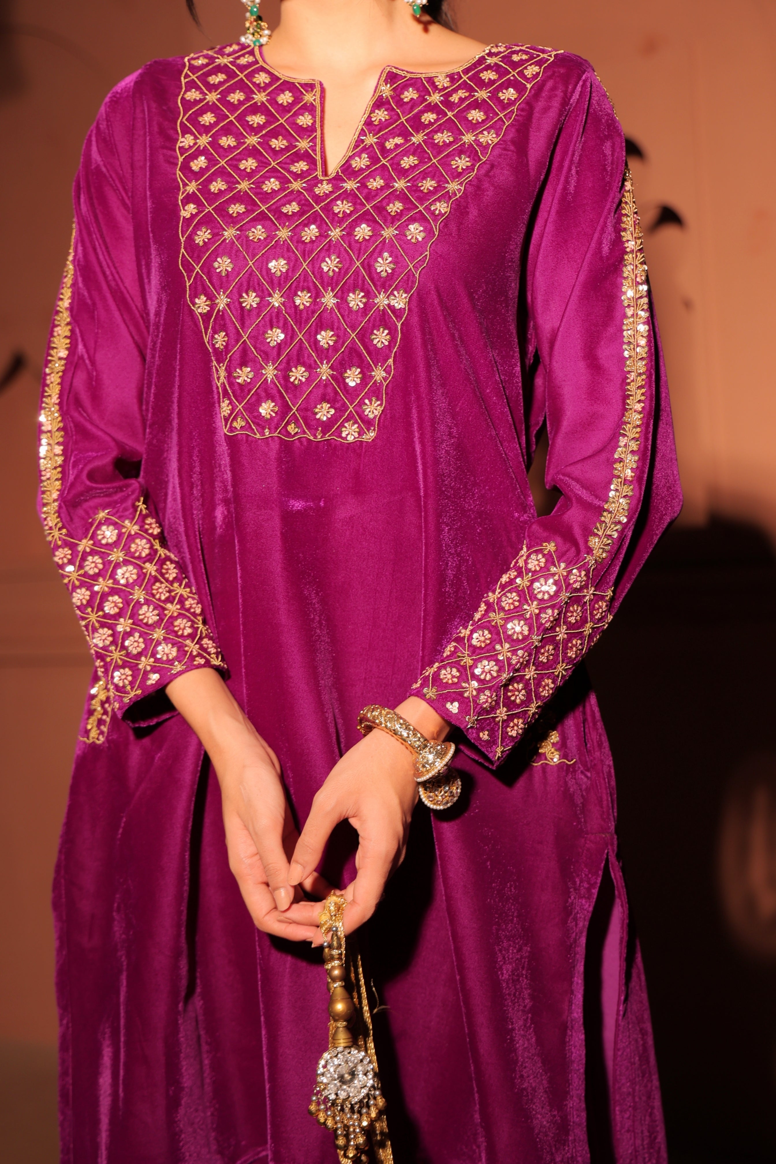 Purple Gold-Toned Embroidered Velvet Kurta Set