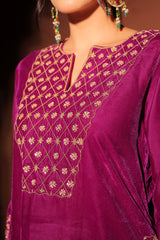 Purple Gold-Toned Embroidered Velvet Kurta Set