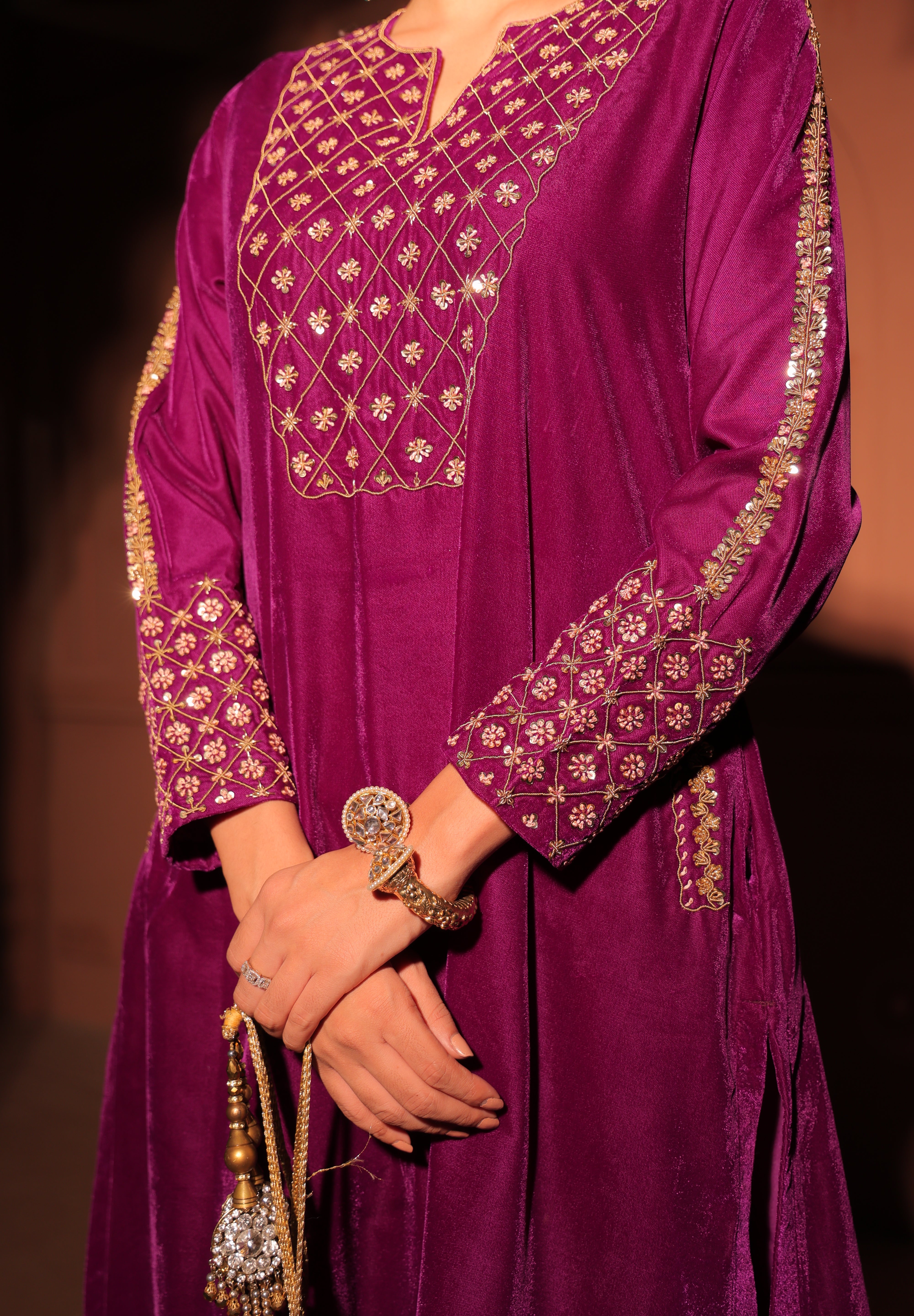 Purple Gold-Toned Embroidered Velvet Kurta Set