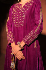 Purple Gold-Toned Embroidered Velvet Kurta Set