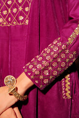 Purple Gold-Toned Embroidered Velvet Kurta Set