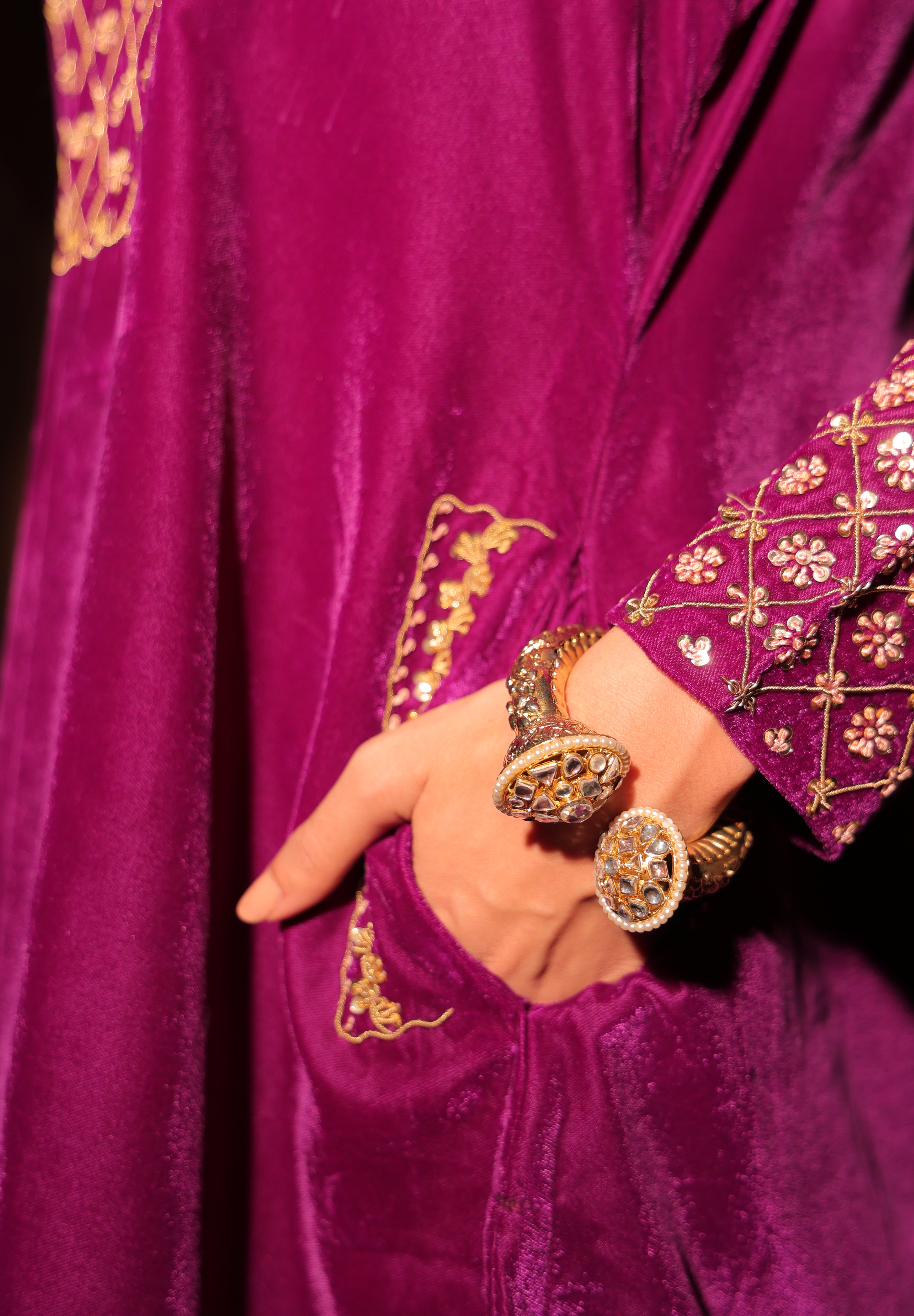 Purple Gold-Toned Embroidered Velvet Kurta Set