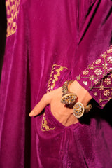 Purple Gold-Toned Embroidered Velvet Kurta Set