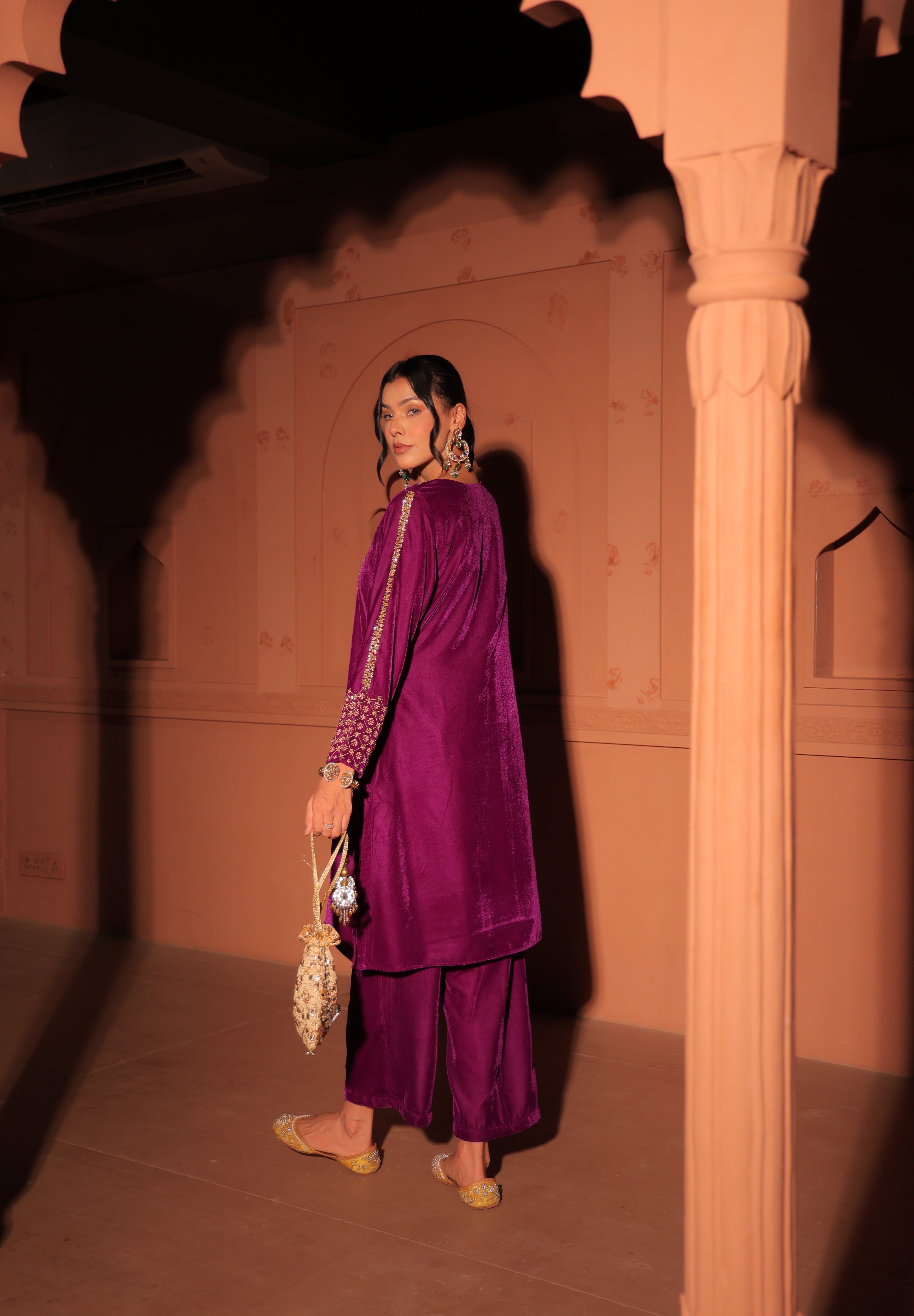 Purple Gold-Toned Embroidered Velvet Kurta Set