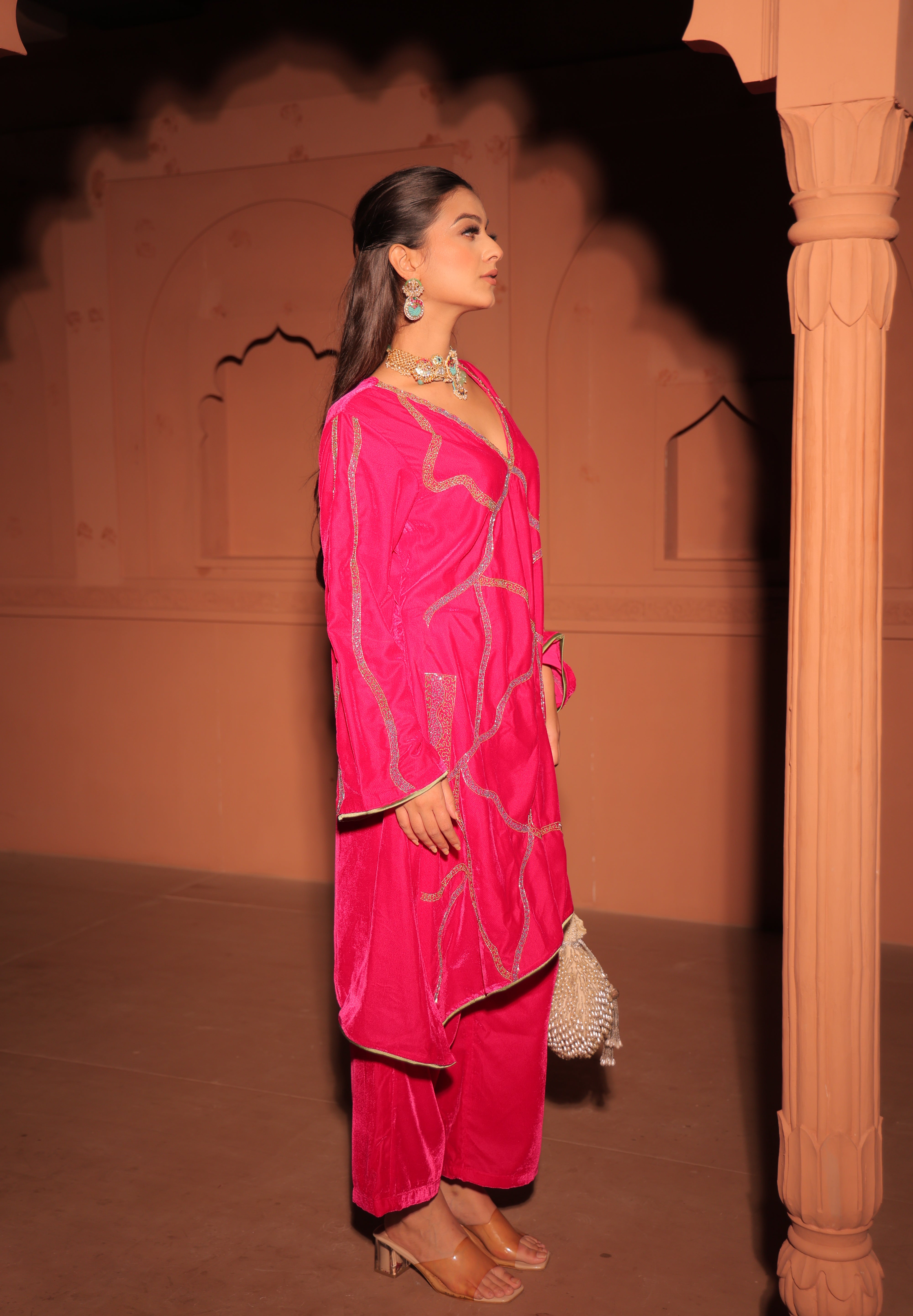 Pink Embroidered Velvet Kurta Set