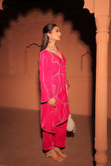 Pink Embroidered Velvet Kurta Set