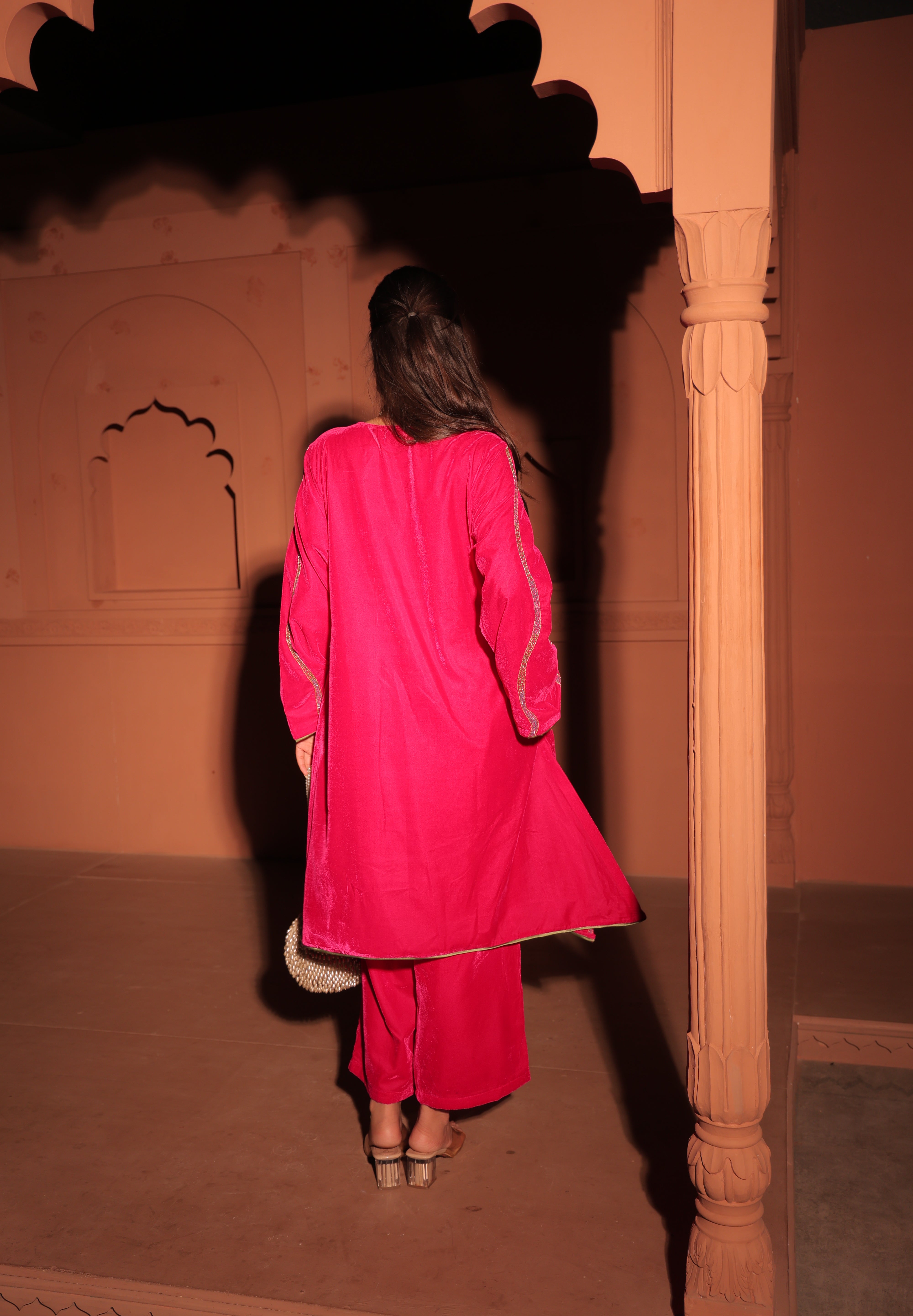 Pink Embroidered Velvet Kurta Set