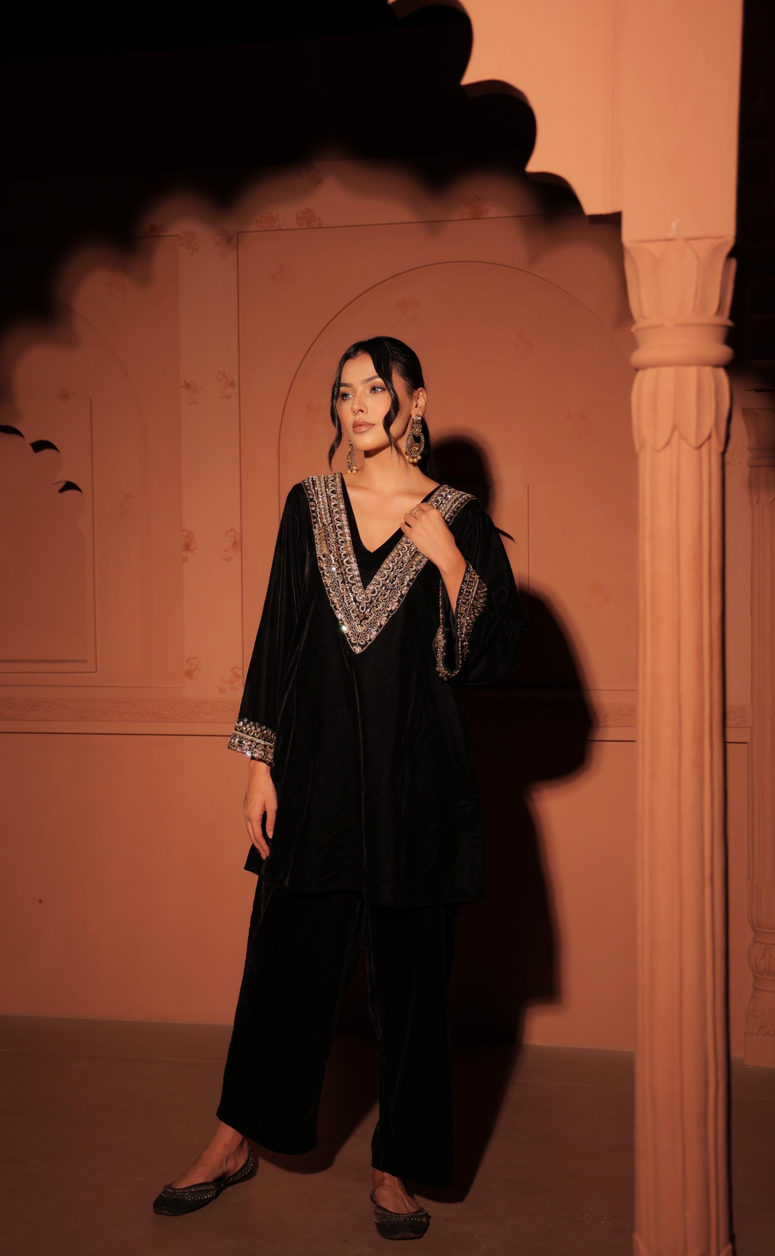 Black Embellished Velvet Kurta Set