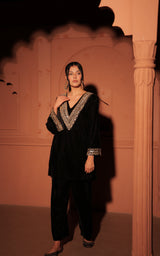 Black Embellished Velvet Kurta Set