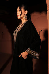 Black Embellished Velvet Kurta Set