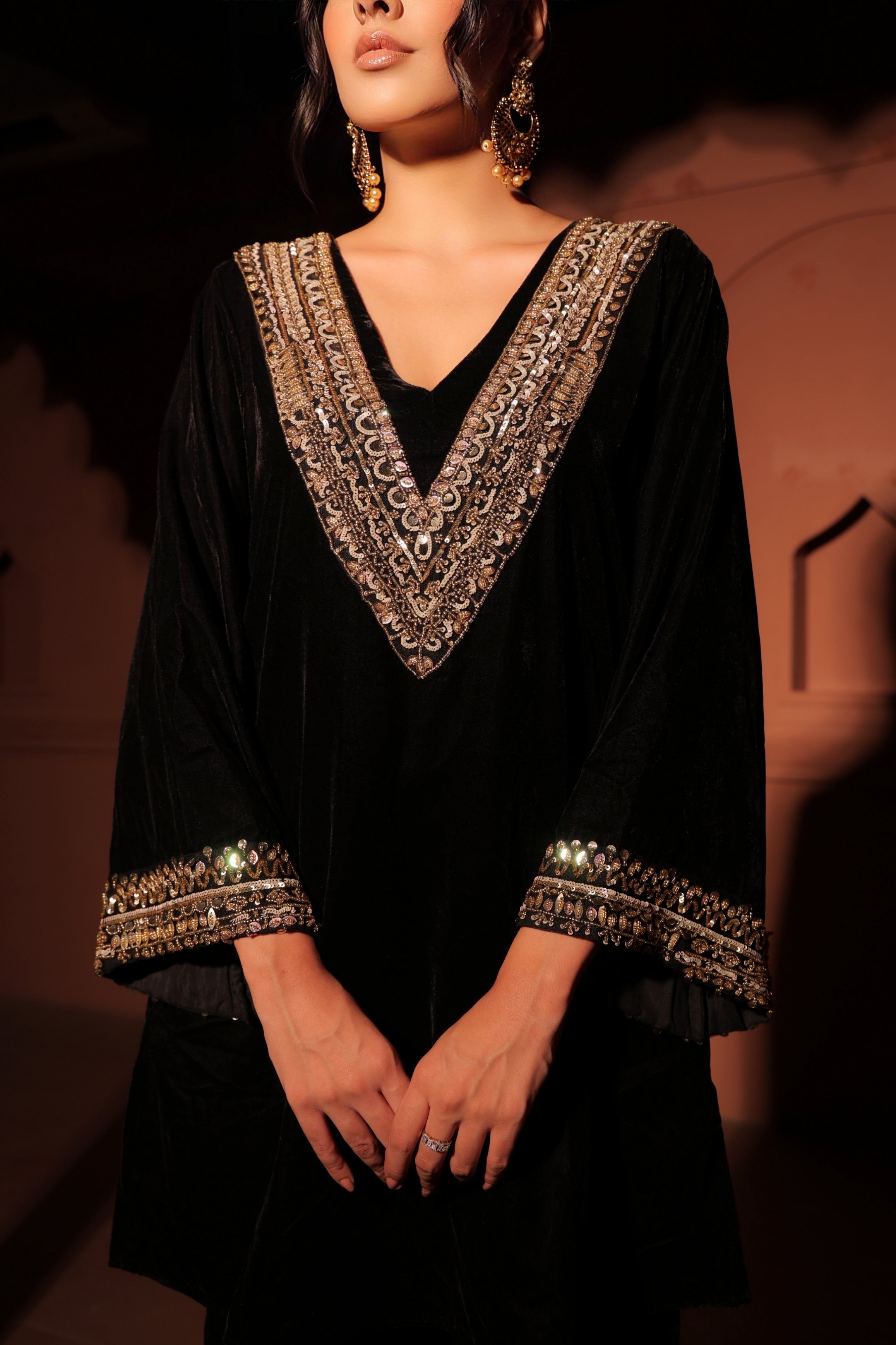 Black Embellished Velvet Kurta Set