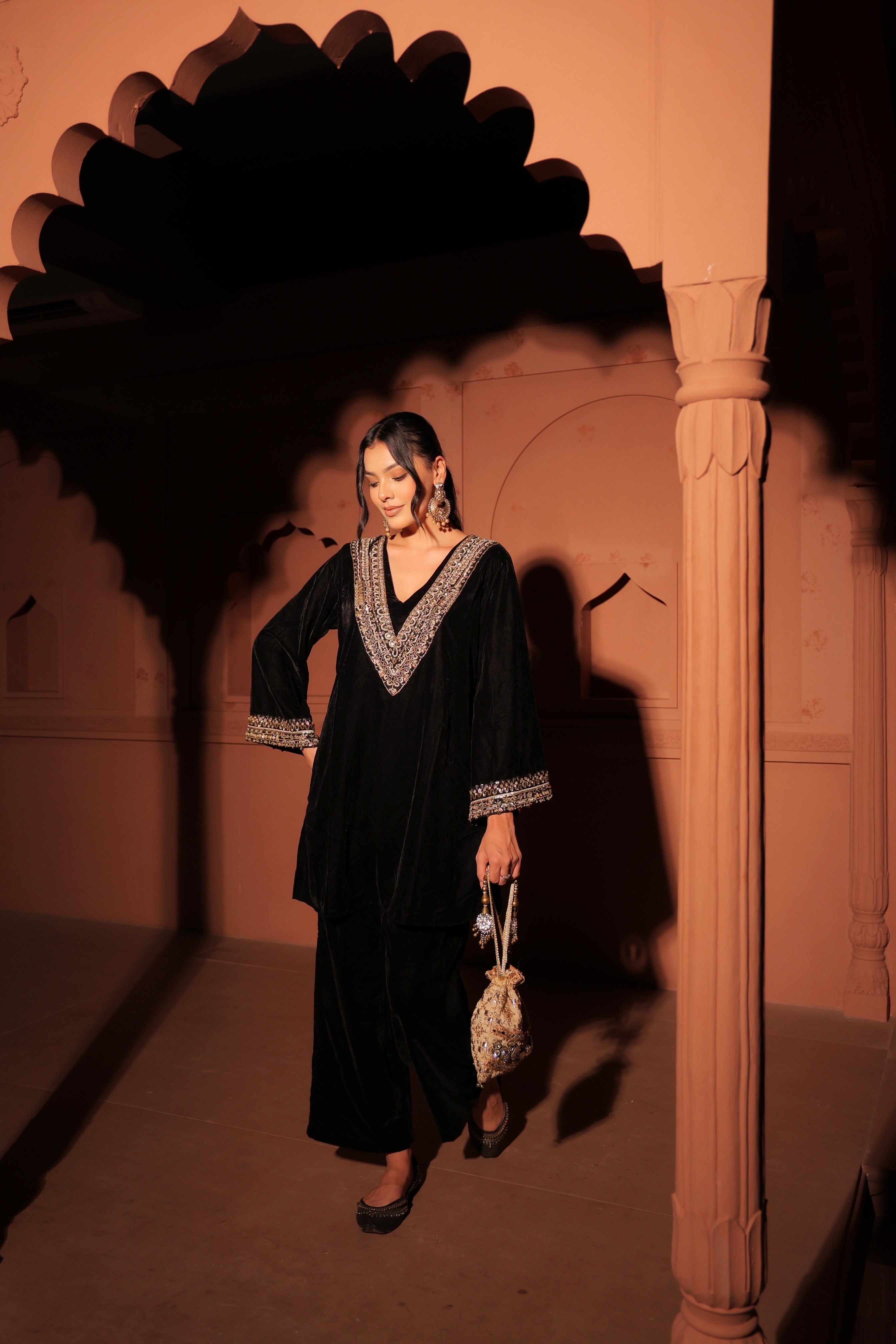 Black Embellished Velvet Kurta Set