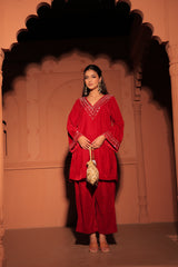 Red Sequined Velvet Kurta Set