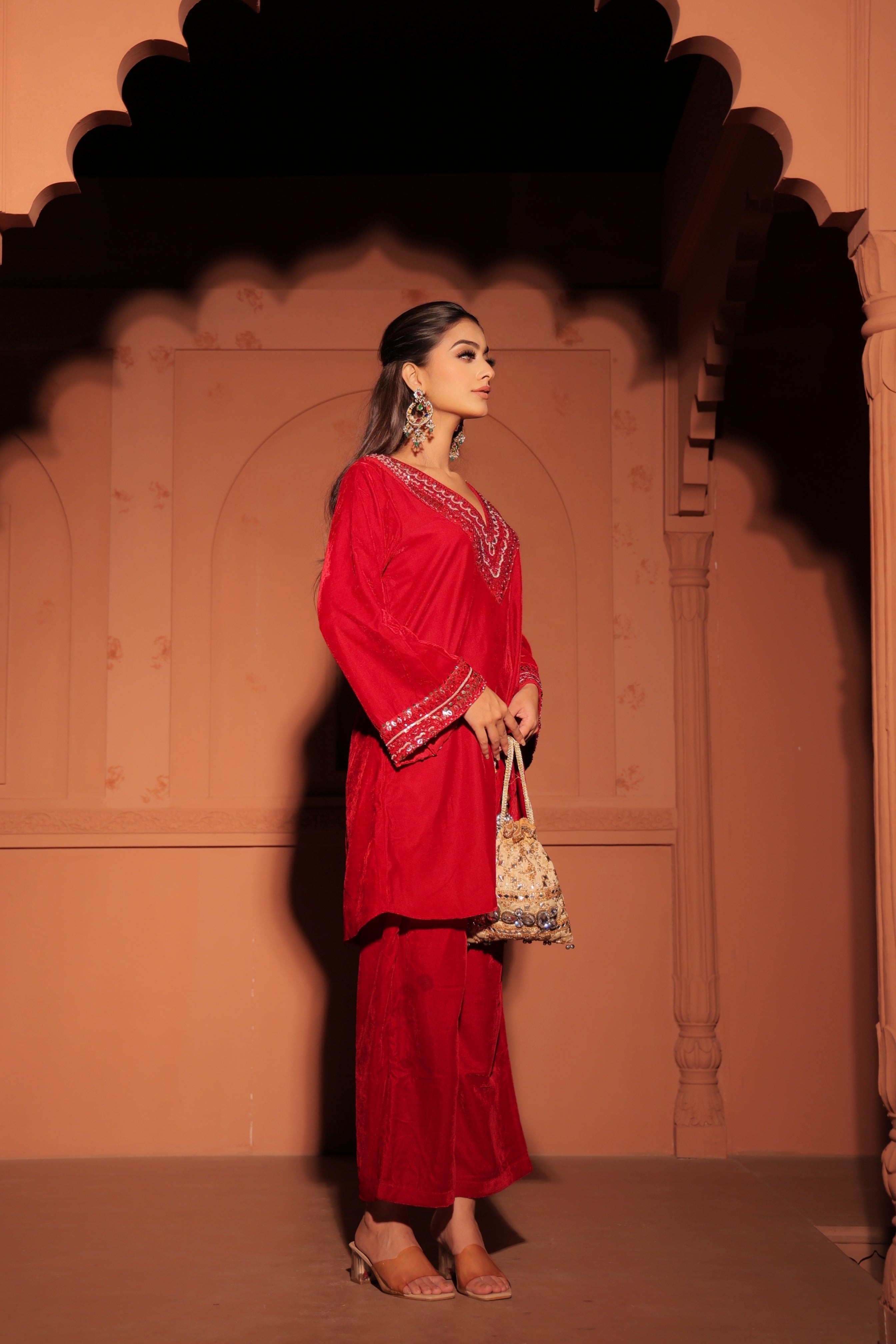 Red Sequined Velvet Kurta Set