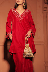 Red Sequined Velvet Kurta Set