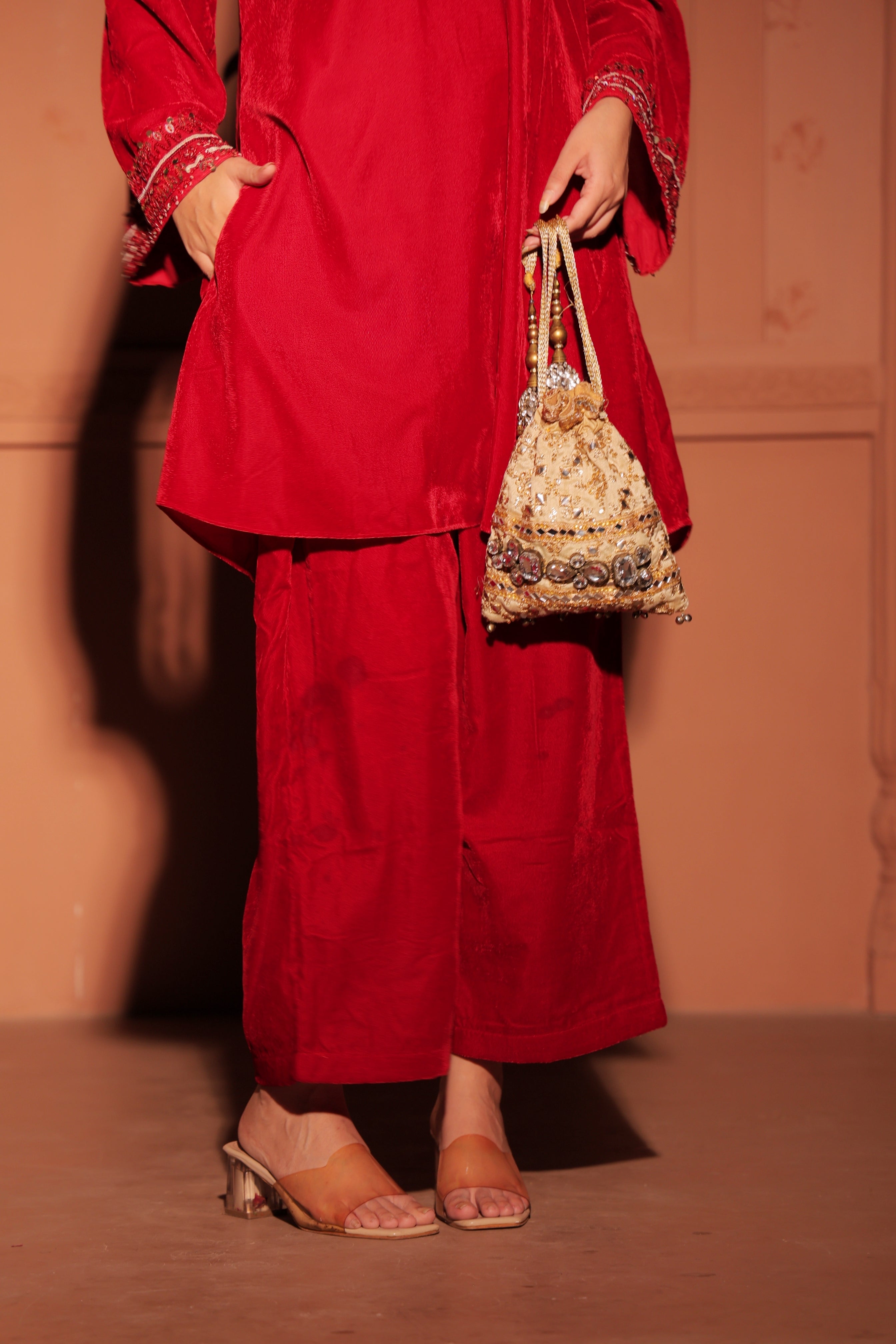 Red Sequined Velvet Kurta Set