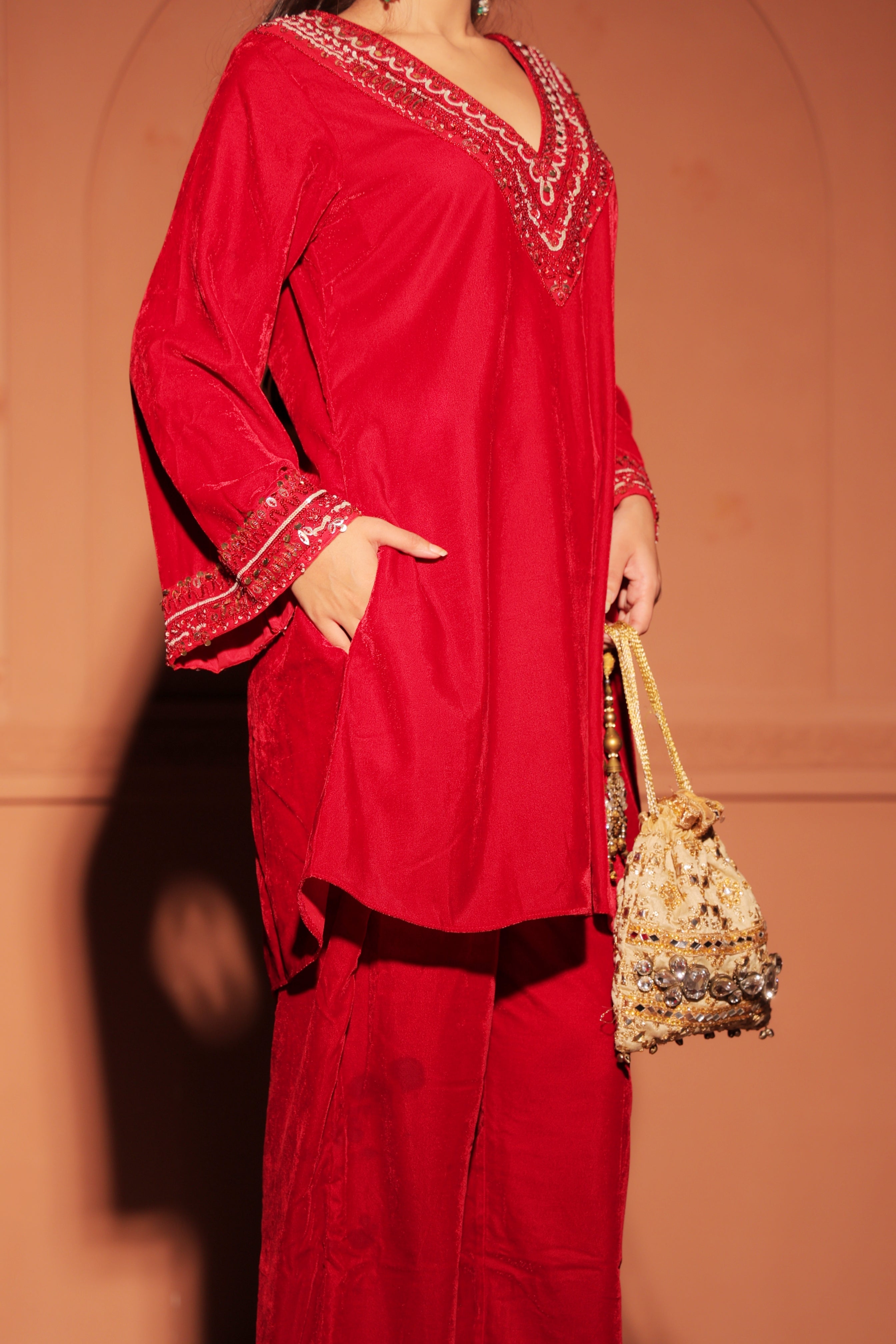 Red Sequined Velvet Kurta Set