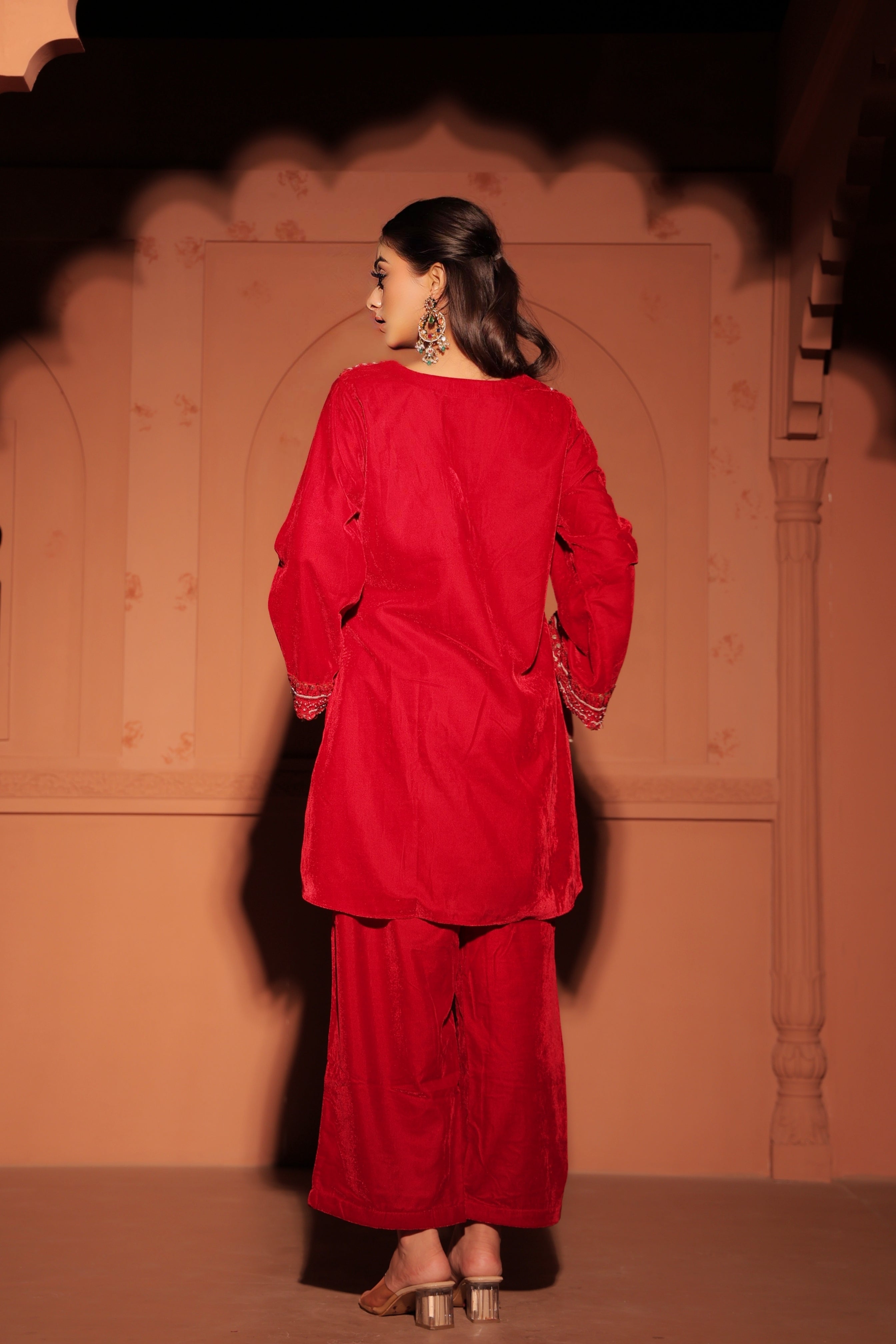 Red Sequined Velvet Kurta Set