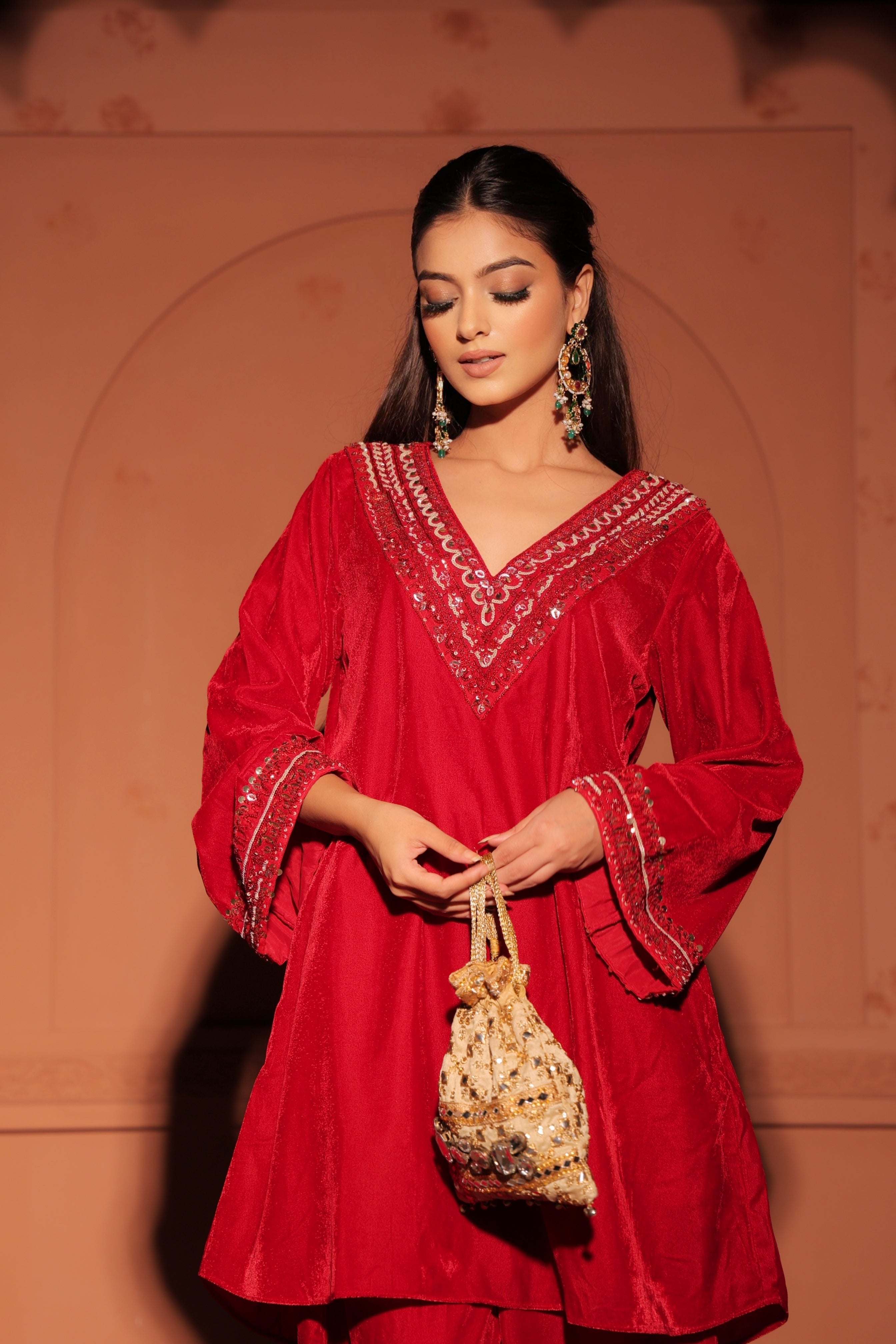 Red Sequined Velvet Kurta Set