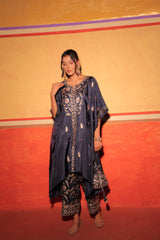 Navy Blue Hand Embroidered Kaftan Set with Brocade Bottoms