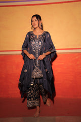 Navy Blue Hand Embroidered Kaftan Set with Brocade Bottoms