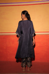 Navy Blue Hand Embroidered Kaftan Set with Brocade Bottoms