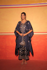 Navy Blue Hand Embroidered Kaftan Set with Brocade Bottoms