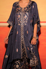 Navy Blue Hand Embroidered Kaftan Set with Brocade Bottoms