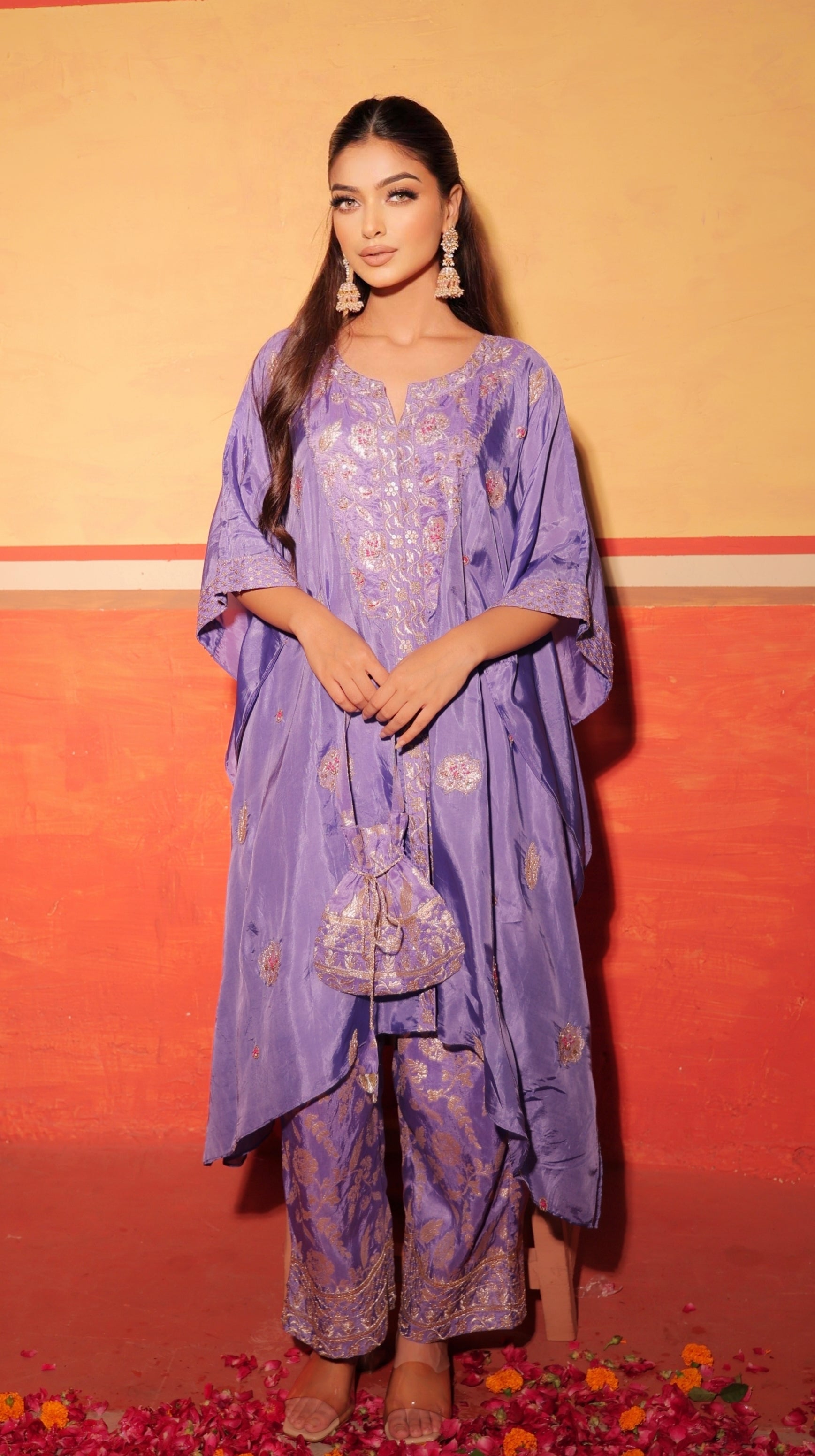 Lavender Blue Hand-Embroidered Kaftan Set with Brocade Bottoms – Utsavya'24