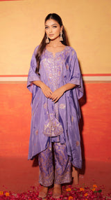 Lavender Blue Hand-Embroidered Kaftan Set with Brocade Bottoms – Utsavya'24