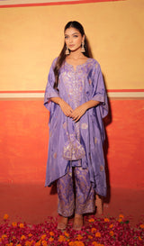 Lavender Blue Hand-Embroidered Kaftan Set with Brocade Bottoms – Utsavya'24